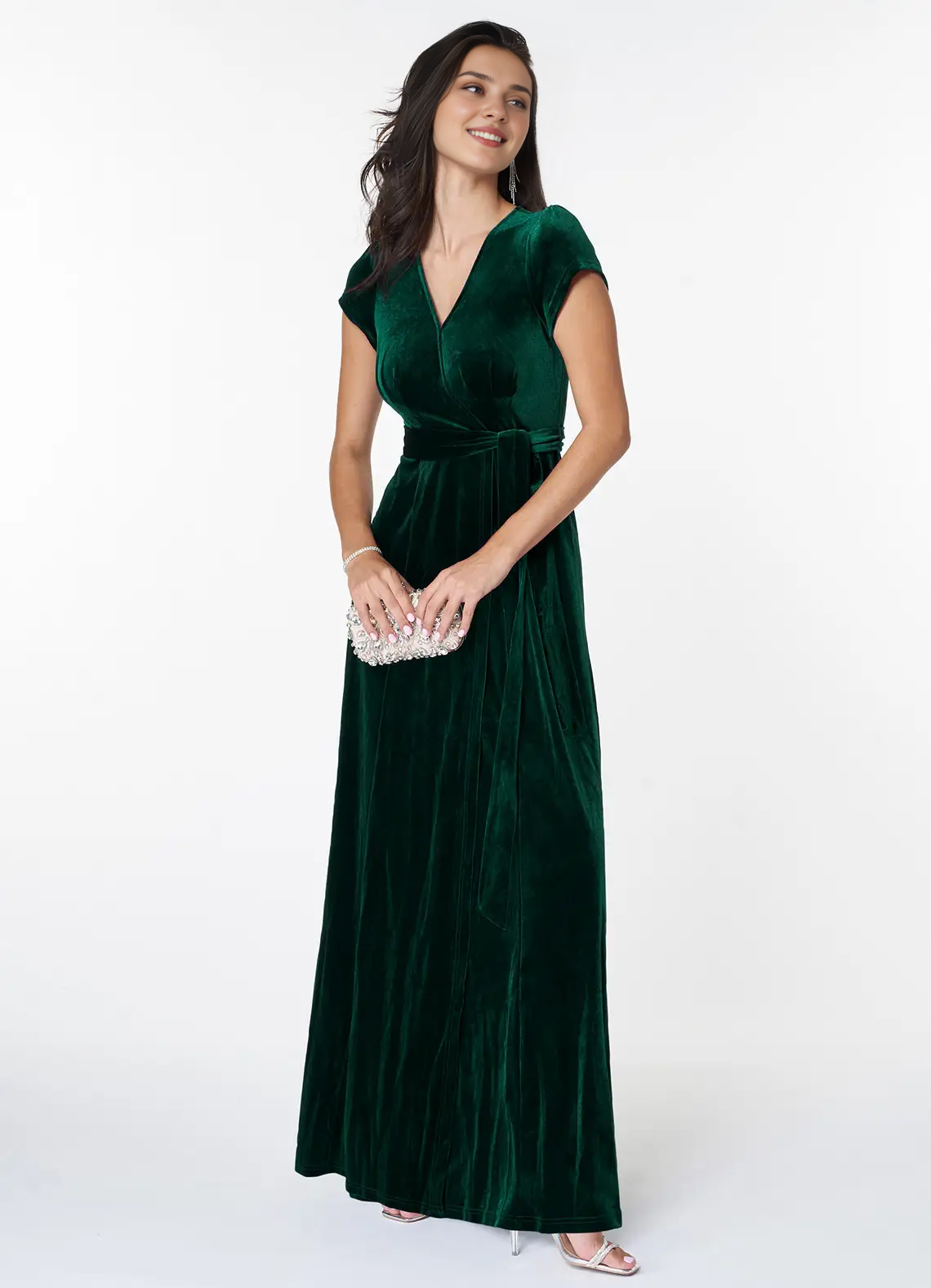 Tiendas con vestidos de fiesta, escote en V esmeralda, mangas cortas, terciopelo, corte A, vestidos de fiesta sencillos, vestidos formales.